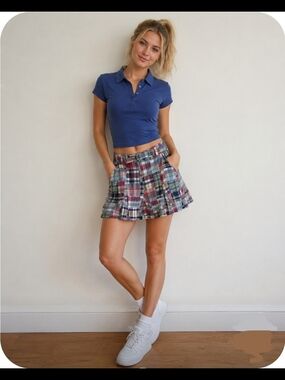 Y2k Vintage Catch My I Blue Patchwork Madras Fit & Flare Mini Skirt Size 5
